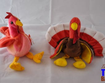 Vintage 1996 Ty Beanie Baby Birds: Strut the Rooster and Gobbles the Turkey and Doodle the Rooster