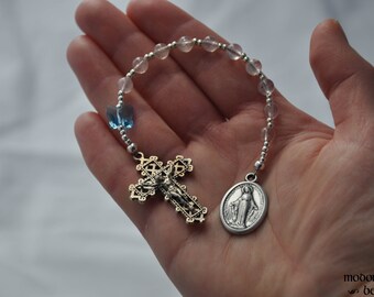 Whimsical One-Decade Marian Rosary With Blue Butterfly and Strawberry Quarts Beads and Miraculous Medal