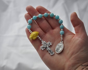 Hawaiian St. Damien of Molokai One-Decade Rosary With Yellow Fish Bead and Blue Marble Beads