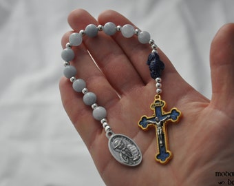 St. Damien of Molokai One-Decade Rosary With Dark Blue Seahorse and Blue Marble Beads