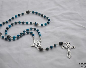 Turquoise Agate Rosary With Marian Centerpiece and Fleur de Lis Crucifix