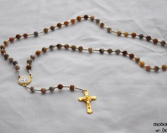 Yellow Agate St. Benedict Rosary With Gold Crucifix