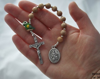 Fun St. Francis Patron Saint of Animals One-Decade Rosary With Green Parrot Bead and Wood Beads