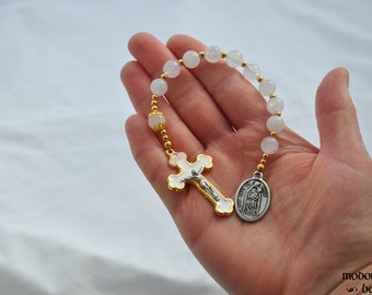 Our Lady of Snow 1-Decade Rosary With Snow Quartz Beads and Gold Spacers