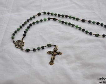 Ruby Zoisite Rosary With Bronze Floral Miraculous Medal and Crucifix