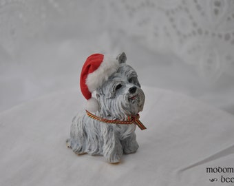 Christmas Terrier Dog Figurine with Santa Hat and Red & Green Ribbon Collar