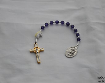 St. George Patron Saint of Horsemen 1-Decade Rosary With White Horse Bead, Purple Glass Beads, and St. Benedict Cross