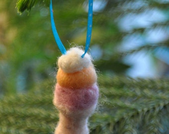 Cute Little Ice Cream Cone Needle Felted Wool Christmas Ornament with Blue and White Polka Dot Hanging Ribbon