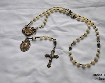 White Quartz and Bronze Rosary With Lourdes/Lily of the Valley Centerpiece, King St. Louis Medal, and Fleur de Lis Crucifix