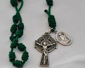 Green Knotted Twine Celtic Irish Rosary:  Features a Double-Sided St. Patrick/St. Bridget Patron Saint Medal and a Celtic Crucifix