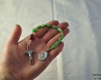 Fun St. Francis One-Decade Rosary With Ladybug Our Father Bead, Green Leaf Beads, and Red Holy Spirit Crucifix