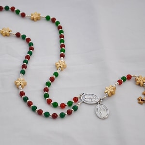 Christmas Rosary With Gold Snowflake Beads, Red & Green Beads, Holy Family/St. Jospeh Centerpiece, and St. Nicholas Medal