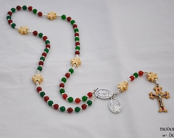 Christmas Rosary With Gold Snowflake Beads, Red & Green Beads, Holy Family/St. Jospeh Centerpiece, and St. Nicholas Medal