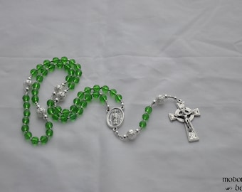 Green Glass St. Patrick Rosary With Silver Filigree Our Father Beads and Celtic Crucifix