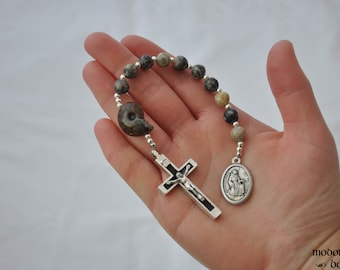 Unique St. Francis One-Decade Rosary With Ammonite Bead, Fossil Agate and Fossil Coral Beads, and Black Crucifix