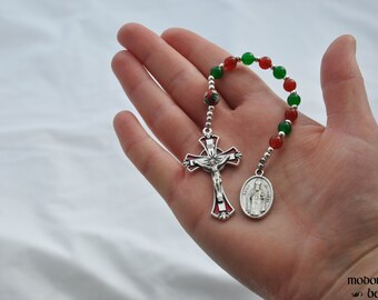 Christmas St. Nicholas 1-Decade Rosary With Red and Green Beads and Glass Lampwork Flower Bead