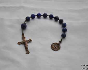 Beautiful Lapis Lazuli 1-Decade Star of the Sea Rosary With Bronze Medal and Sacred Heart Crucifix