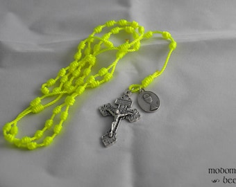 Bright Yellow First Communion Knotted Twine Rosary Featuring a Holy Eucharist and Holy Family Double-Sided Medal and a Pardon Crucifix