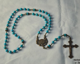 Beautiful Turquoise Magnesite and Bronze Rosary With North American Martyrs Centerpiece and Ornate Detailed Crucifix