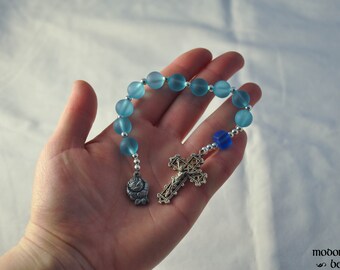 Blue and Turquoise Seaglass One-Decade Rosary With Rose Miraculous Medal and Lattice Crucifix