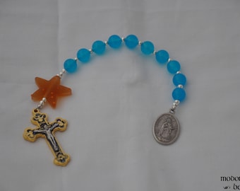 Star of the Sea One-Decade Rosary With Glass Starfish Bead, Blue Marble Beads, and Blue and Gold Crucifix