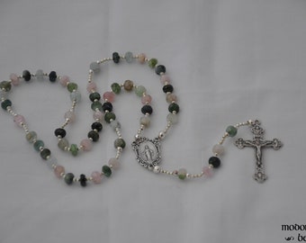 Afghan Tourmaline Rosary With Green, Pink, Black, & Clear Beads and Floral Miraculous Medal Centerpiece