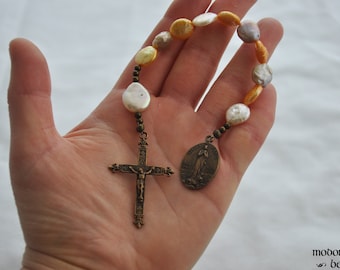 Star of the Sea One-Decade Rosary With Flat Pearl Beads and Bronze Medal and Crucifix