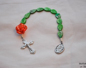 Cute Kids' Rosary for St. Rose of Lima Patron Saint of Gardening and Florists With Red & White Rose Bead and Leaf Beads