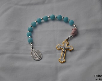 Our Lady Star of the Sea/Stella Maris One-Decade Rosary With Pink Seahorse Bead and Blue Marble Beads