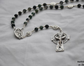 Irish St. Patrick/St. Bridget Rosary With Moss Agate Beads and Celtic Crucifix