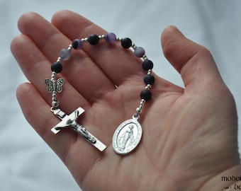 Whimsical One-Decade Rosary With Butterfly Bead, Purple Agate Beads, and Miraculous Medal