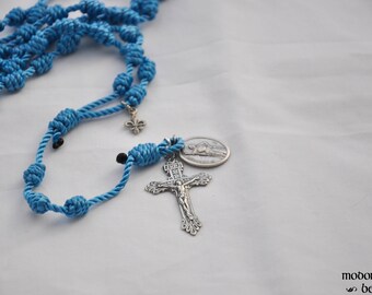 Light Blue Handmade France Knotted Twine Rosary Featuring a St. Joan of Arc Patron Saint Medal, a Fleur-de-Lis, and a French Pardon Crucifix