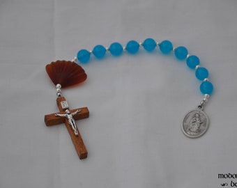 Star of the Sea One-Decade Rosary With Glass Seashell Bead, Blue Marble Beads, and Wood Crucifix