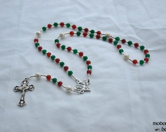 Christmas Rosary With Red and Green Beads, Silver Ornament Beads, and Holy Family Nativity Centerpiece