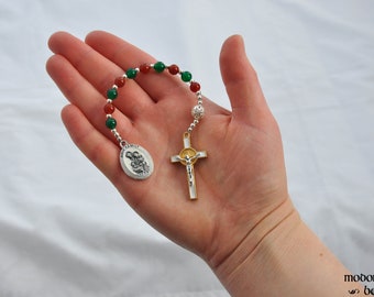 Christmas Holy Family 1-Decade Rosary With Red and Green Beads and Silver Ornament Bead