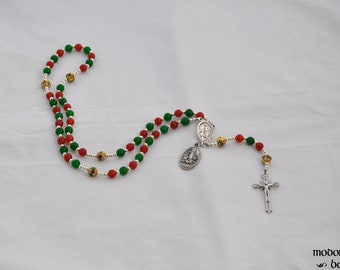 Christmas Rosary With Red & Green Beads, Gold Lampwork Flower Beads, Holy Family/St. Joseph Centerpiece, and Nativity Medal