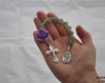 St. Rose of Lima Patron Saint of Gardening and Florists 1-Decade Rosary With Purple Rose Bead, Green Aventurine Beads, and Grape Crucifix