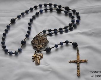 Lapis Lazuli St. Joan of Arc Rosary With Bronze Centerpiece and Fleur-de-Lis Crucifix