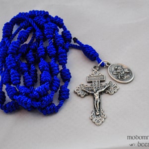 Blue St. George Knotted Twine Patron Saint Rosary with a Pardon Crucifix