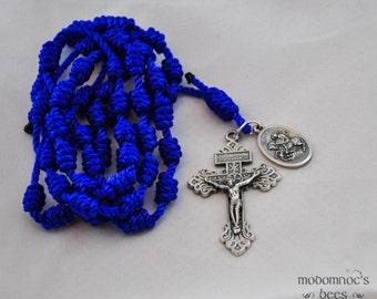 Blue St. George Knotted Twine Patron Saint Rosary with a Pardon Crucifix