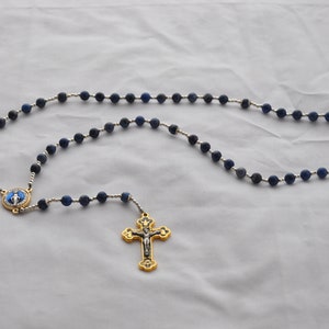 Blue Dumortierite Rosary With Miraculous Medal Centerpiece and Blue & Gold Crucifix