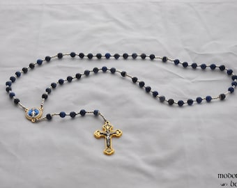 Blue Dumortierite Rosary With Miraculous Medal Centerpiece and Blue & Gold Crucifix