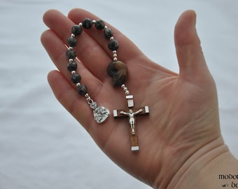 Unique St. Francis One-Decade Rosary With Fossil Agate Beads and Ammonite Our Father Bead, Figure Medal, & Wood Crucifix