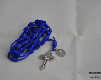 Blue Knotted Twine Rosary Featuring a Pardon Crucifix and a St. Thomas More Patron Saint Medal