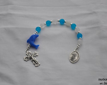 Fun St. Damien of Molokai 1-Decade Hawaii Rosary With Blue Dolphin Bead and Blue Marble and White Quartz Beads