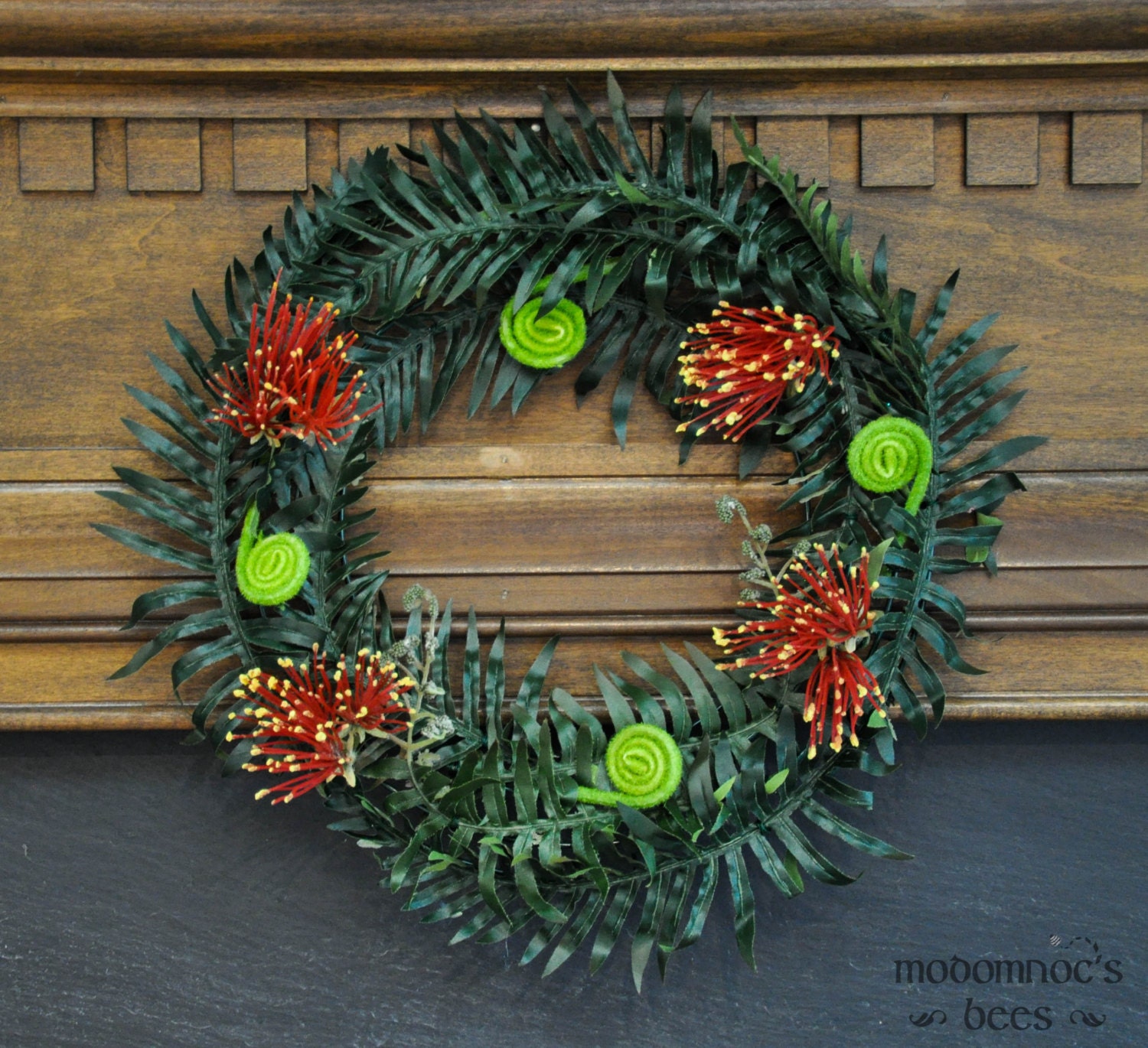 New Zealand Christmas Wreath with Pohutukawa Flower and Silver Fern Koru