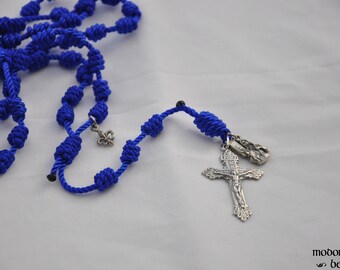 Royal Blue Handmade France Knotted Twine Rosary Featuring a St. Joan of Arc Figure Medal, a Fleur-de-Lis, and a French Pardon Crucifix