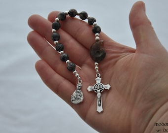 Unique "Prehistoric" St. Francis One-Decade Rosary With Ammonite Our Father Bead and Fossil Agate Beads