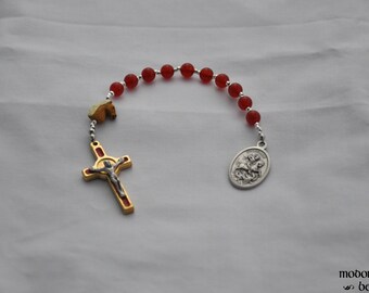 St. George Patron Saint of Horsemen 1-Decade Rosary With Horse Bead, Carnelian Beads, and Red and Gold St. Benedict Cross