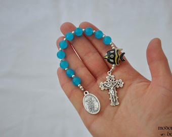 St. Damien of Molokai 1-Decade Hawaii Themed Rosary With Moorish Idol Angelfish Bead and Blue Marble Beads